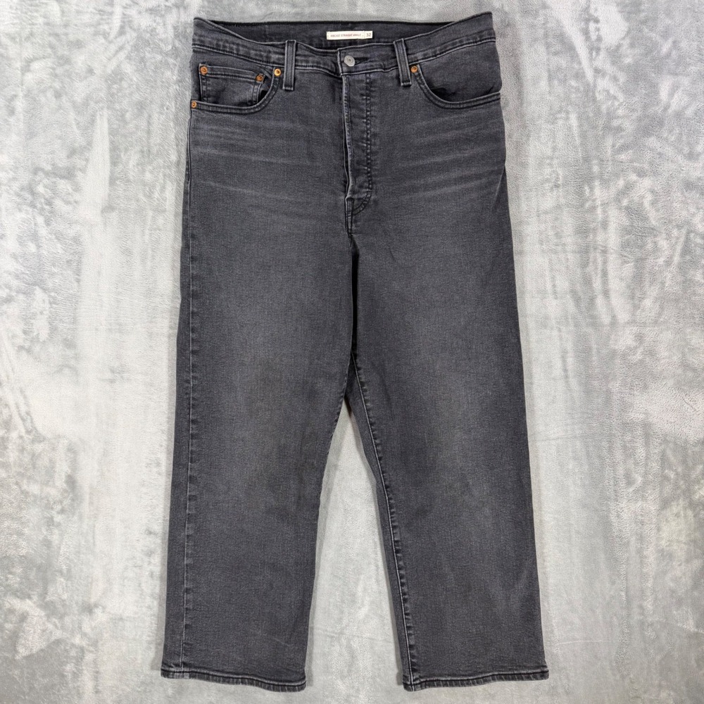 Levi's Ribcage Straight Ankle Jeans Womens 32 x 27 Washed Black Gray Button Fly